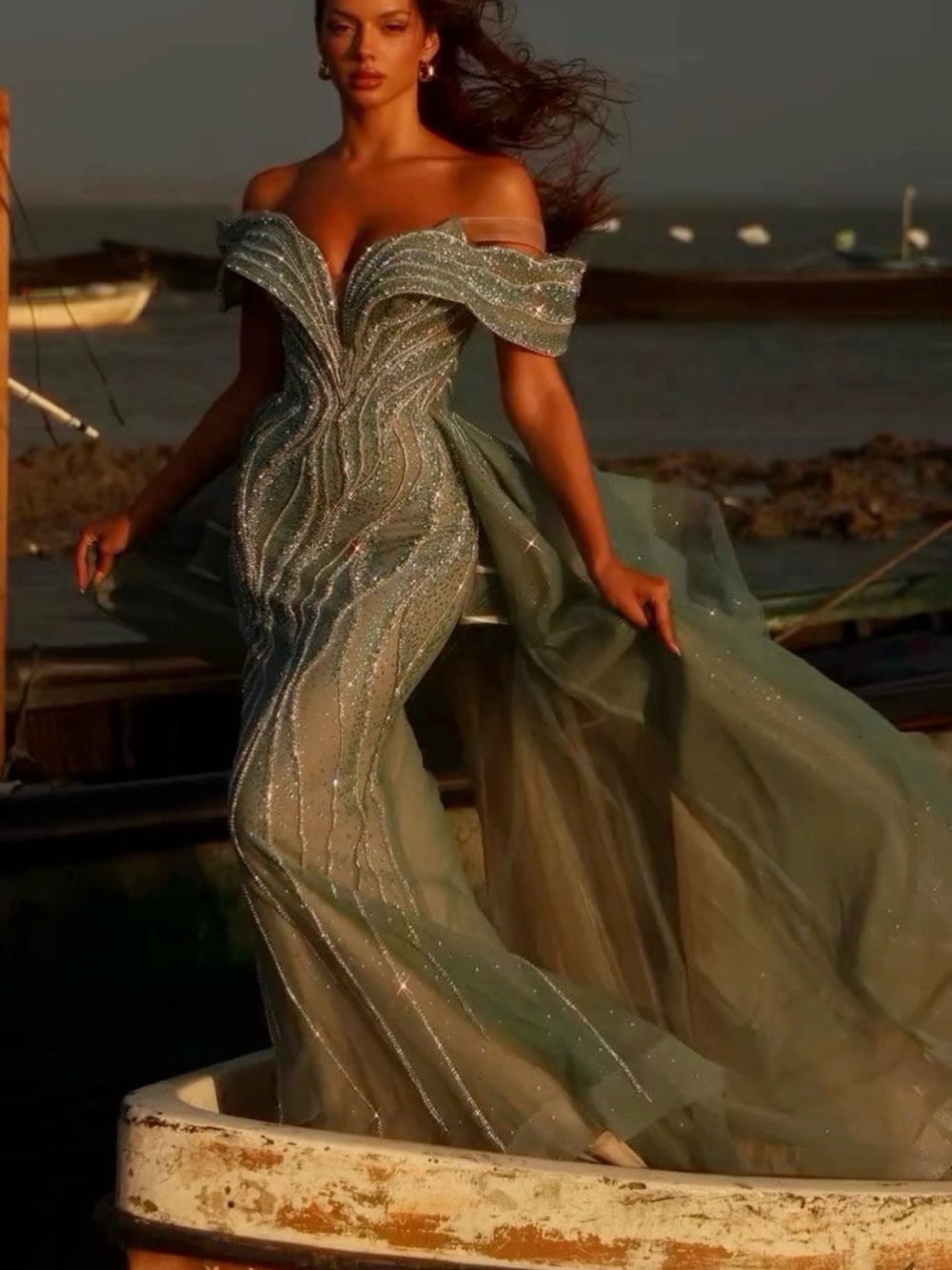 Off-Shoulder Sage Evening Gown